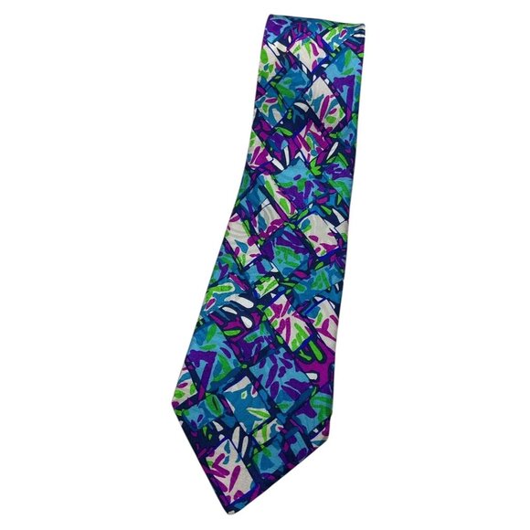 MISSONI Men's 100% Silk Necktie LUXURY Tie Blue Purple Green Art W:3.8" EUC